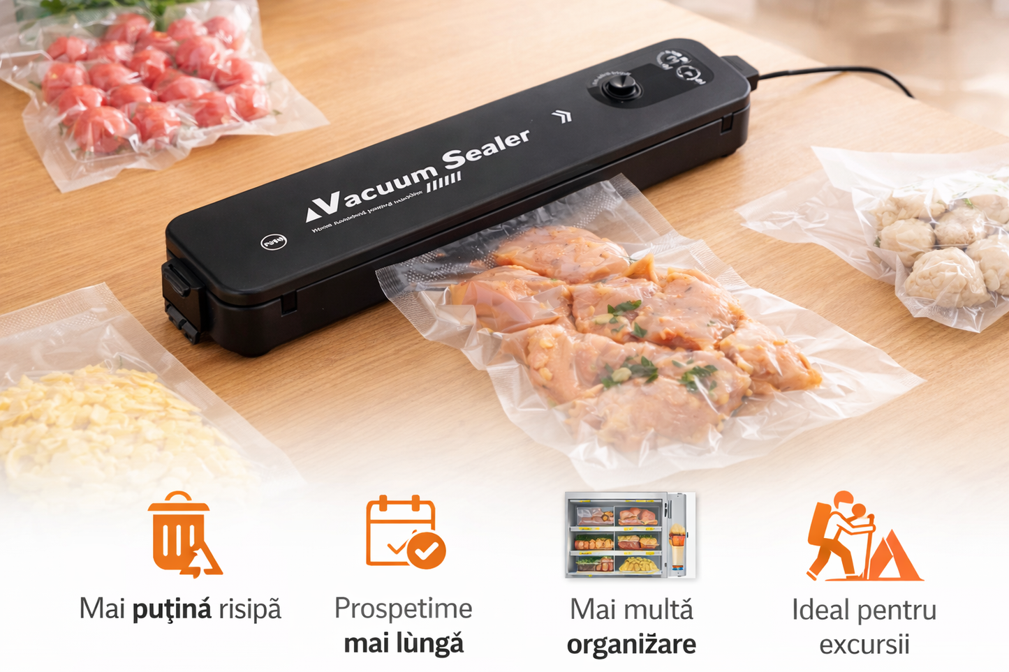 Aparat de vidat compact – protejează alimentele de aer, umezeală și păstrează gustul! Bun pentru excursii cu familia, șoferii de camion, pescari și orice familie care nu vrea să mai facă risipă de mâncare!