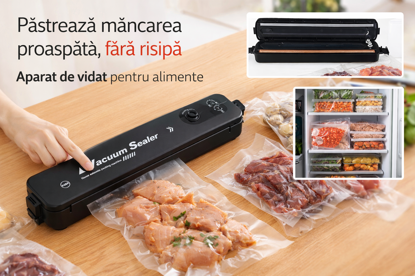 Aparat de vidat compact – protejează alimentele de aer, umezeală și păstrează gustul! Bun pentru excursii cu familia, șoferii de camion, pescari și orice familie care nu vrea să mai facă risipă de mâncare!