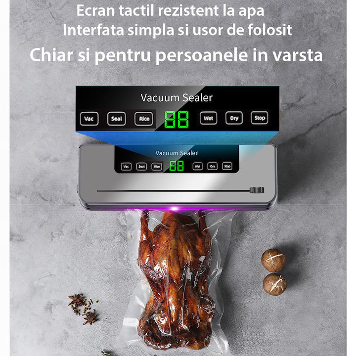 Aparat de Vidat Alimente Profesional cu Display LED, 6 Moduri de Vidare si Functie de Sigilare Uscata si Umeda, Functie de Vidare Externa, Design Compact si Elegant, 10 Pungi Incluse, Functie de Oprire Automata, Gri